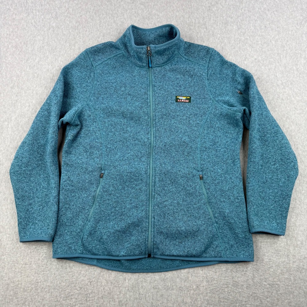 LL Bean Jacket Womens XL Blue Sweater Fleece Knit Full Zip Hiking Outdoors